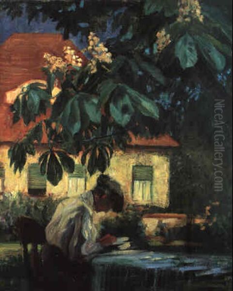 Stickende Frau Im Garten Unter Bluhenden Kastanien Oil Painting by August Macke