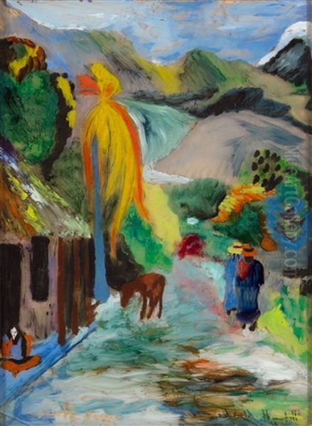 Sudlandische Dorfstrase Oil Painting by Helmuth Macke