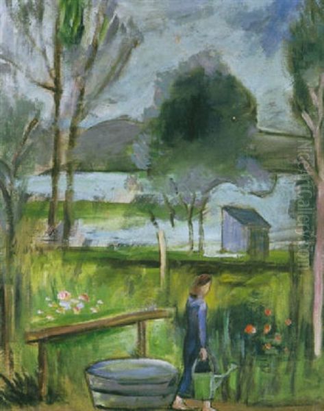 Blick Vom Haus Des Kunstlers Auf Wiese Und Bodensee Oil Painting by Helmuth Macke