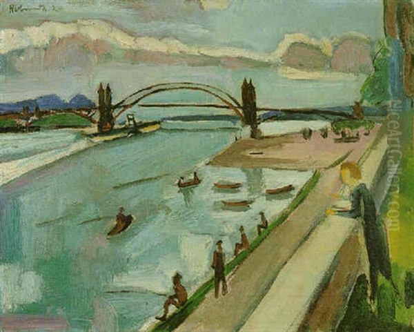 Rheinbrucke Bei Krefeld Oil Painting by Helmuth Macke