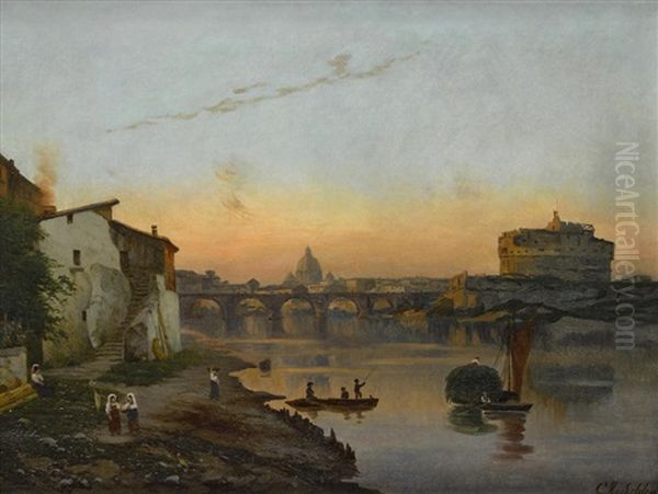 A View Of St. Peter's Basilica And Castel Sant'angelo, Rome Oil Painting by Bernhard Karl Mackeldey