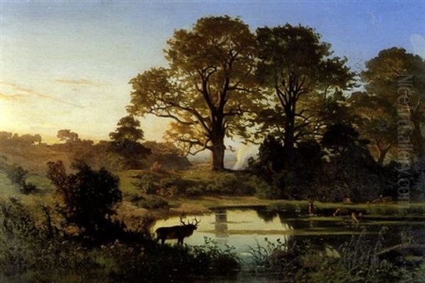 Autumn Landscape With Deers Oil Painting by Bernhard Karl Mackeldey