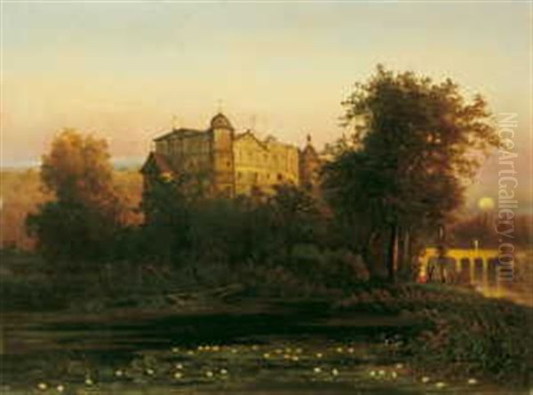 Vollmondbeschienene Romantische Landschaft Mit Einem Schloss Oil Painting by Bernhard Karl Mackeldey