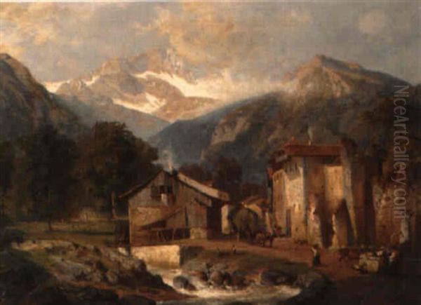 Blick Auf Tiroler Bergdorf Mit Grosem Bau Oil Painting by Bernhard Karl Mackeldey