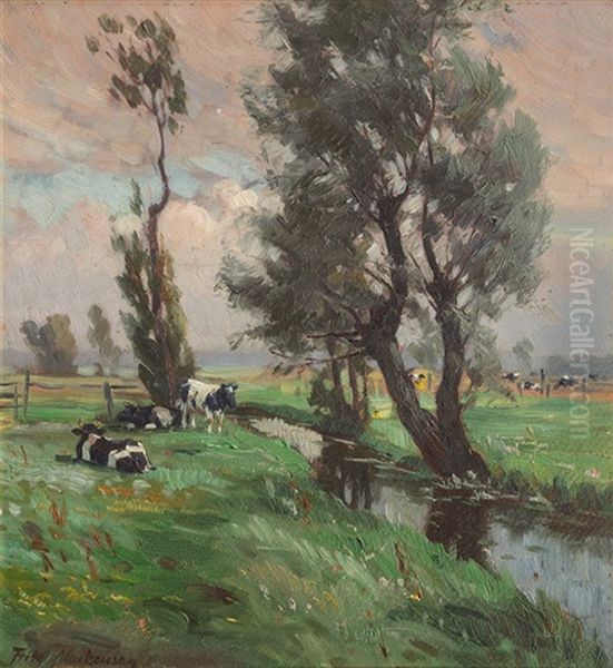 Cows By A Creek Oil Painting by Fritz Mackensen