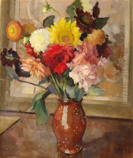 Blumenstillleben In Braunem Krug Am Fenster Oil Painting by Fritz Mackensen