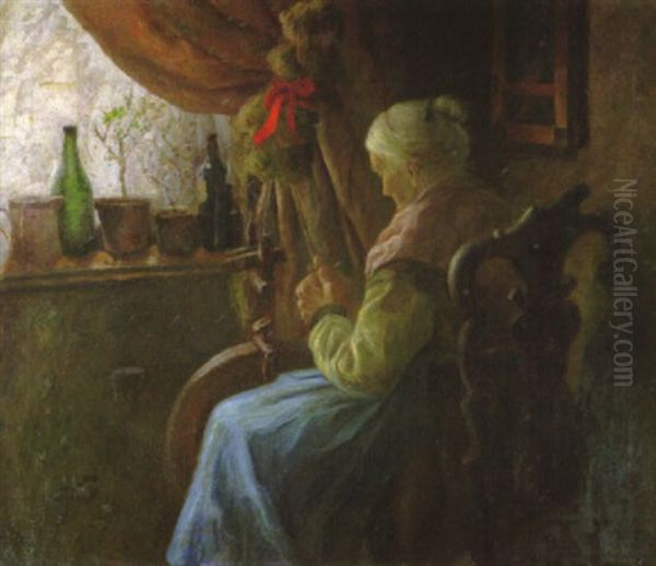 Spinnende Alte Am Fenster Oil Painting by Fritz Mackensen