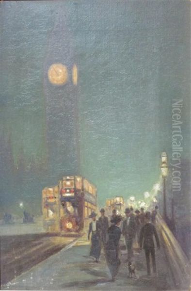 A London Bridge By Lamplight And Horseguard (2 Works) Oil Painting by Roderick Dempster Mackenzie