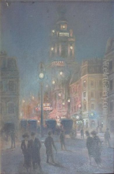 London Street By Lamplight And Rouen (2 Works) Oil Painting by Roderick Dempster Mackenzie