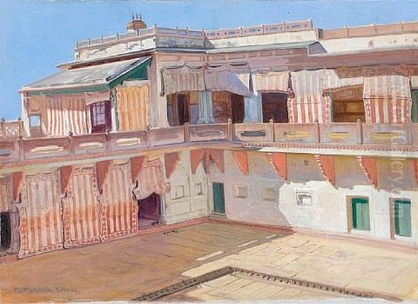 A Snake Boat On The River (+ Courtyard Interior, Benares; 2 Works) Oil Painting by Roderick Dempster Mackenzie