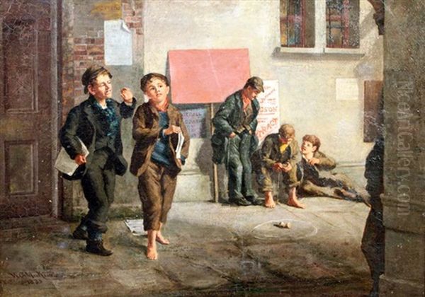 Street Scene With Newspaper Vendors And Boys Playing A Game Of Spinner by William G. Mackenzie