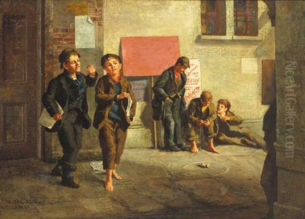 Street Scene With Newspaper Vendors And Boys Playing A Game Of Spinner Oil Painting by William G. Mackenzie