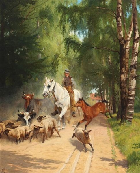 A Farmer Bringing The Cattle In The Field Oil Painting by Adolf Heinrich Mackeprang