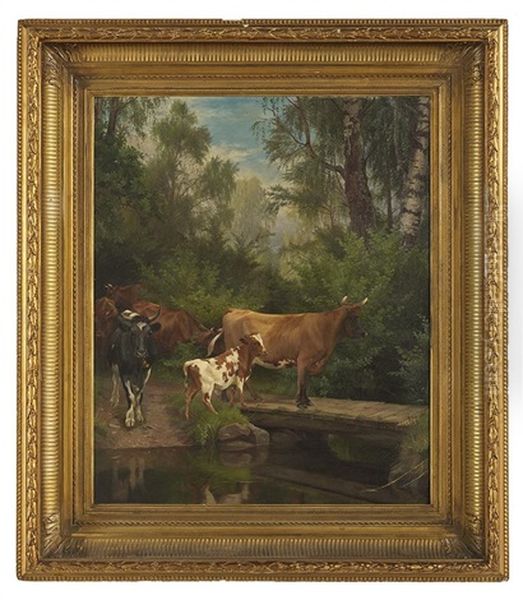 Cattle At The River Crossing Oil Painting by Adolf Heinrich Mackeprang