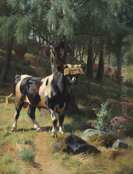 Landscape With Bull Oil Painting by Adolf Heinrich Mackeprang