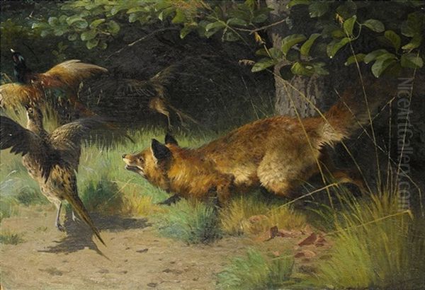 Fox Hunting Pheasants Oil Painting by Adolf Heinrich Mackeprang