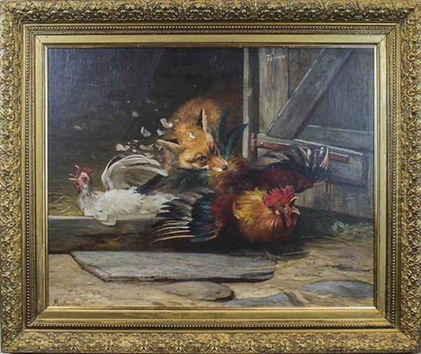 Fox In The Hen House Oil Painting by Adolf Heinrich Mackeprang