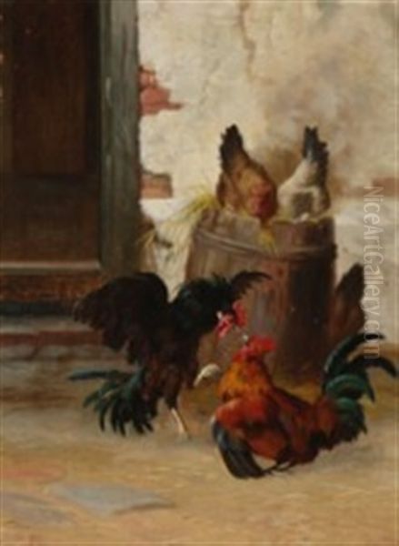 Two Cocks Fighting Oil Painting by Adolf Heinrich Mackeprang