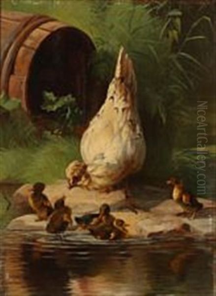 A Hen And Five Ducklings At A Pond Oil Painting by Adolf Heinrich Mackeprang