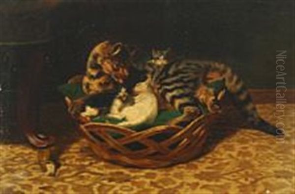 A Cat With Her Kittens Oil Painting by Adolf Heinrich Mackeprang