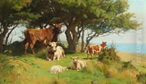 Hilly Landscape With Grazing Cattle And Sheep Oil Painting by Adolf Heinrich Mackeprang