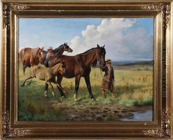 Couple Walking Horses Oil Painting by Adolf Heinrich Mackeprang