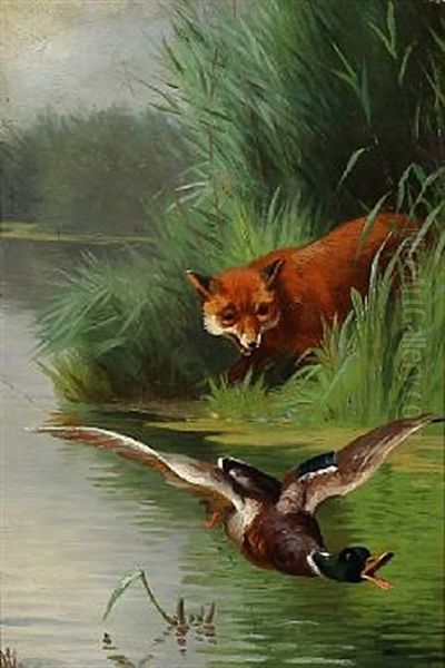 A Hunting Fox Oil Painting by Adolf Heinrich Mackeprang