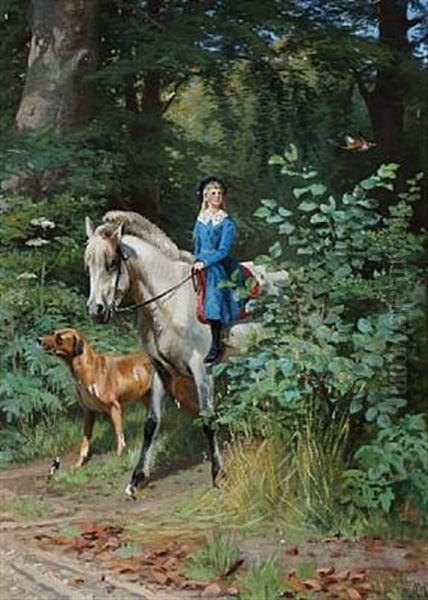 A Girl On Horseback Oil Painting by Adolf Heinrich Mackeprang