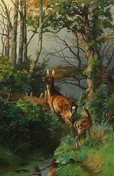 A Doe With A Fawn Oil Painting by Adolf Heinrich Mackeprang