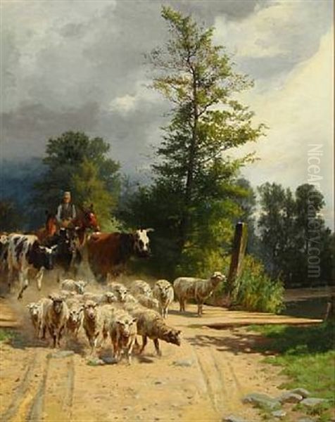 A Horseman With Sheep And Cows Oil Painting by Adolf Heinrich Mackeprang