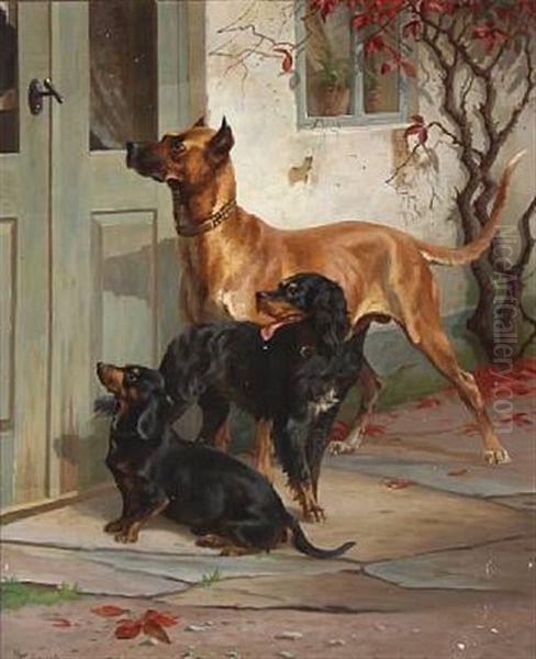 Dogs In Front Of Smakkegaarden In Gentofte Oil Painting by Adolf Heinrich Mackeprang