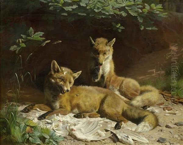 Zwei Fuchse Oil Painting by Adolf Heinrich Mackeprang