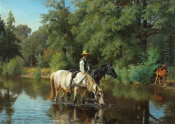 The Horses Watered A Warm Summer Day In The Woods Oil Painting by Adolf Heinrich Mackeprang