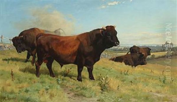 Bulls In The Field Oil Painting by Adolf Heinrich Mackeprang