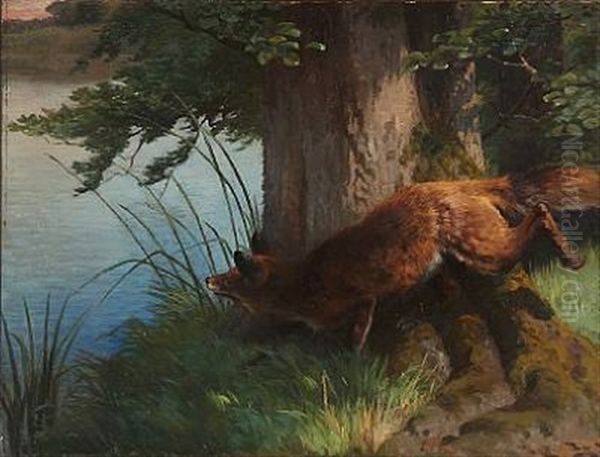 Afox In A Forest Oil Painting by Adolf Heinrich Mackeprang