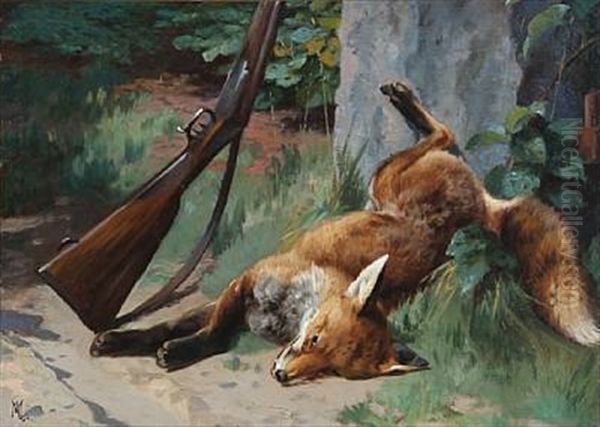 A Shot Fox In The Woods Oil Painting by Adolf Heinrich Mackeprang