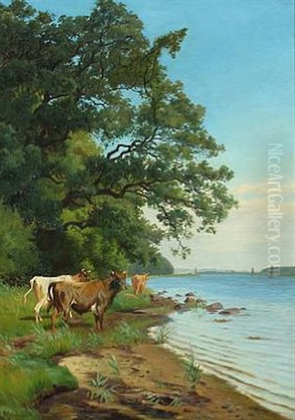 Landscape With Cows Standing By A Lake Oil Painting by Adolf Heinrich Mackeprang