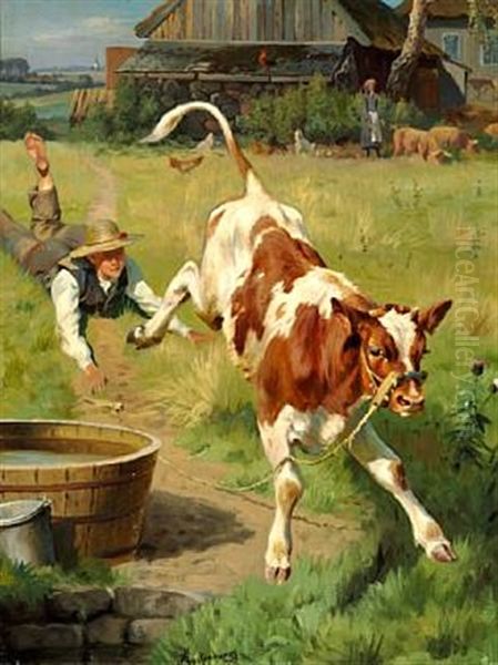 En Glad Kalv. Skaane Oil Painting by Adolf Heinrich Mackeprang