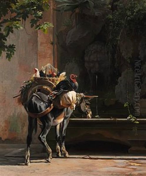 Italian Donkey Stacked With Hens And Turkey At A Fountain Oil Painting by Adolf Heinrich Mackeprang