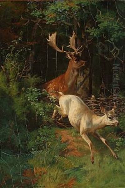 Doe And Hind Oil Painting by Adolf Heinrich Mackeprang