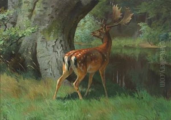 Forest Scenery With Deer Oil Painting by Adolf Heinrich Mackeprang