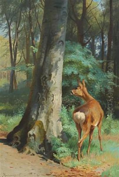 A Watchful Deer At The Edge Of The Forest Oil Painting by Adolf Heinrich Mackeprang