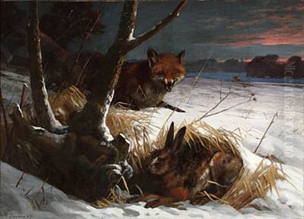 Winter Landscape With A Fox And A Hare Oil Painting by Adolf Heinrich Mackeprang