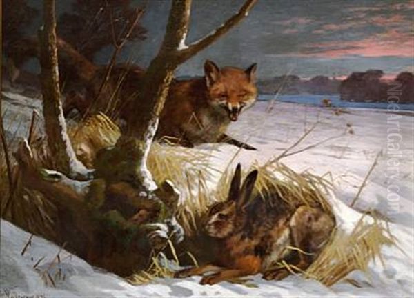 Winter Landscape With A Fox And A Hare Oil Painting by Adolf Heinrich Mackeprang