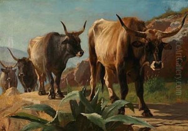 A Herd Of Oxen Wandering Off On A Mountain Trail In Olevano, Italy Oil Painting by Adolf Heinrich Mackeprang