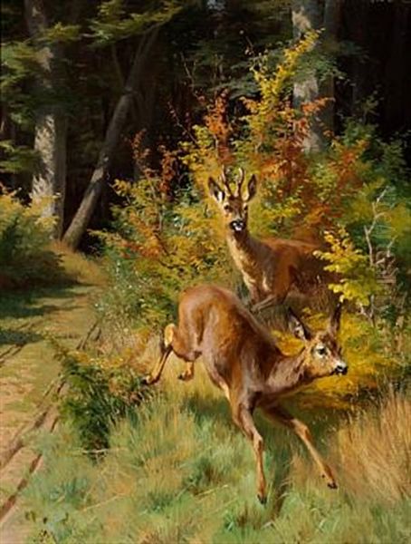 Deer In The Woods Oil Painting by Adolf Heinrich Mackeprang