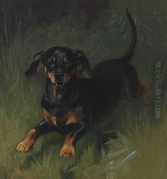 Dachshund Oil Painting by Adolf Heinrich Mackeprang