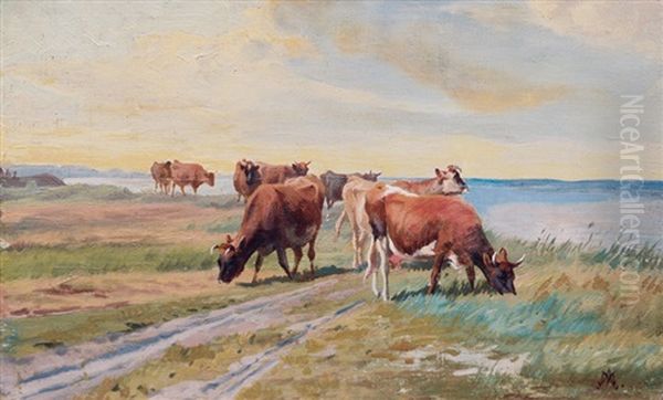 Grazing Cows On The Riverbank Oil Painting by Adolf Heinrich Mackeprang