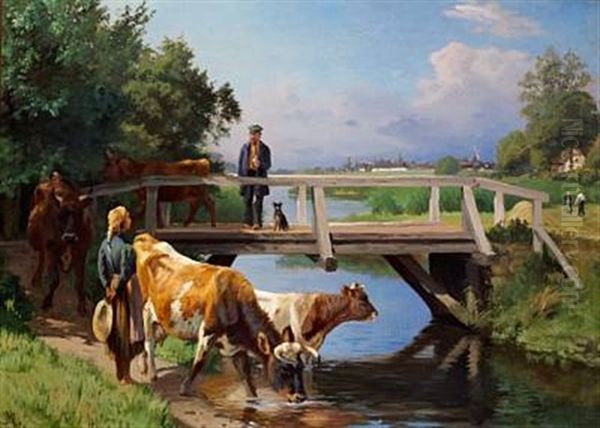 A Meeting At The Bridge, A Girl Is Watering The Cows Oil Painting by Adolf Heinrich Mackeprang