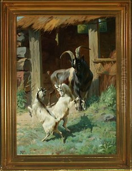 Goat Watching Two Kids Playing Oil Painting by Adolf Heinrich Mackeprang